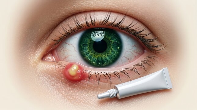 Close up of a painful stye on the lower eyelid with a small medical ointment tube nearby for treatment