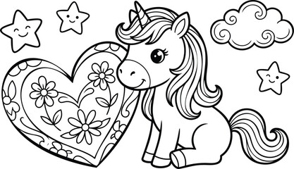 Fototapeta premium Playful unicorn with flowing mane stands beside a large floral heart, black and white line horse with horn