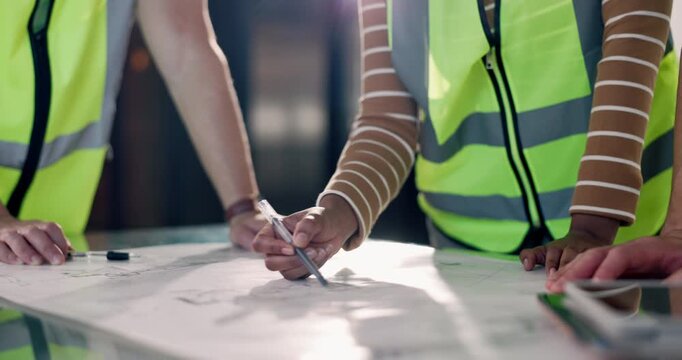 Engineer, hands and construction team with blueprint, discussion and maintenance evaluation. Document, architect and planning with schematic for building layout, design strategy and people in office