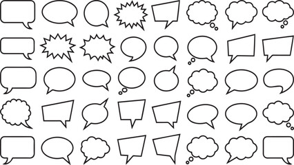 Fototapeta premium Speech bubble icons set for comic, chat, and communication design. Vector black line outline shapes of thought clouds, talk balloons, and conversation dialog boxes isolated on white background