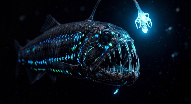 A terrifying deep sea anglerfish with sharp teeth and a glowing lure swims in the dark abyss.