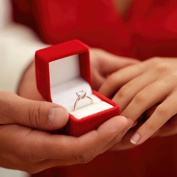 Man proposing to woman offering engagement ring