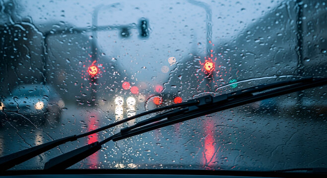 view from inside the car during heavy rain with the windshield wipers in operation