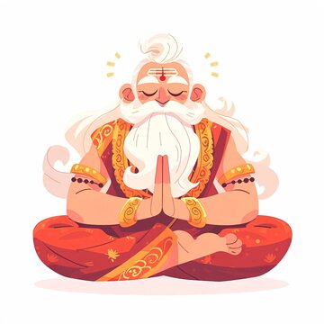 Old sage man meditating in lotus pose. Hindu guru doing yoga with folded hands. Spiritual practice for Guru Purnima celebration. Traditional Indian wisdom and peaceful mind concept.