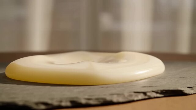 Pale cream wax cube softens into low rounded disk with twin shallow wells under warm side light on rough dark placemat, showing gentle deformation and subtle surface glow