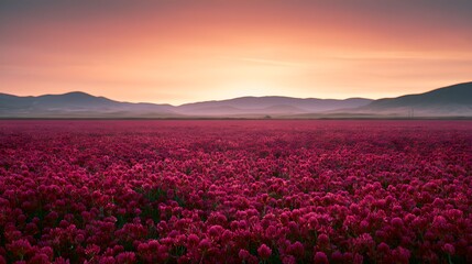 Obraz premium Serene magenta clover field meets hazy mountains bathed in a tranquil fiery sunset glow