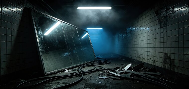 Dark eerie abandoned tiled underground corridor with flickering fluorescent lights, Fits horror game backdrops, thriller video templates, haunted location presentation slides.