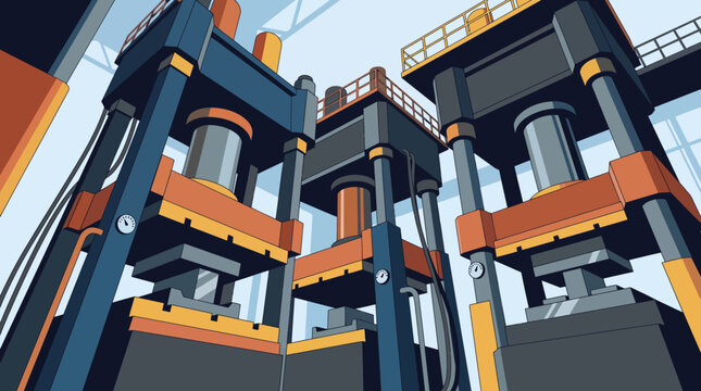 Massive industrial hydraulic press machines in factory floor vector illustration, heavy duty metal stamping and forging machinery workshop from a low angle perspective.