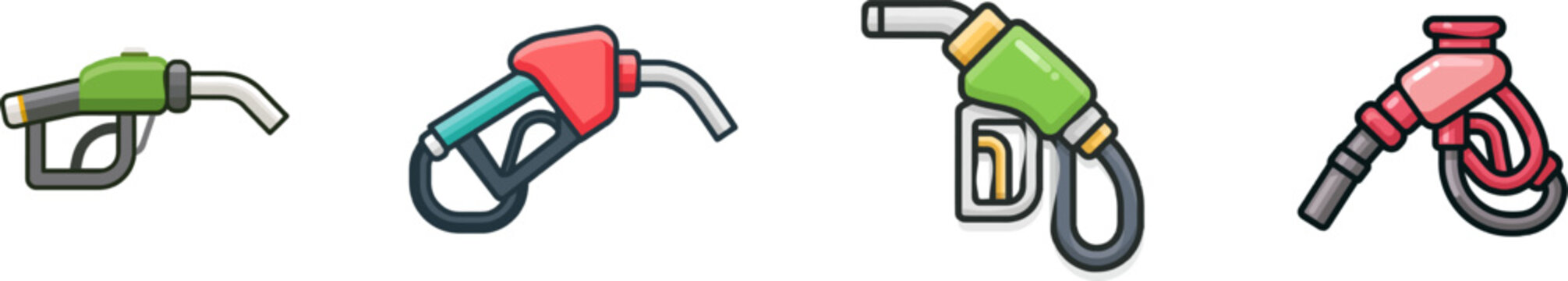 A minimalist flat vector icon of a generic fuel pump nozzle features solid colors, clear outlines, and a white background in a UI/UX style design