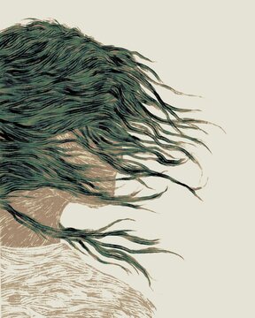 Abstract woman back view illustration with flowing hair in minimal conceptual style