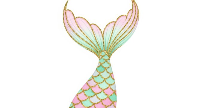 Beautiful Pastel Mermaid Tail Illustration with Gold Glitter Outlines and Fish Scales on White Background