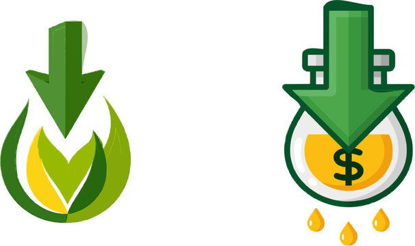A vibrant flat vector icon of a green arrow pointing down over a fuel drop symbolizes cheap gas prices in a modern UI style with clean lines against a pure white background