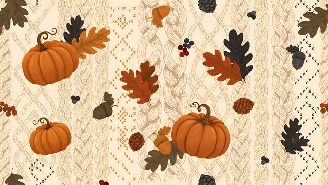Autumnal pumpkins oak leaves and acorns form a repeating vector pattern on beige