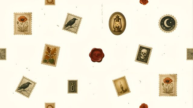 Collection of vintage style postage stamps with various gothic and floral motifs