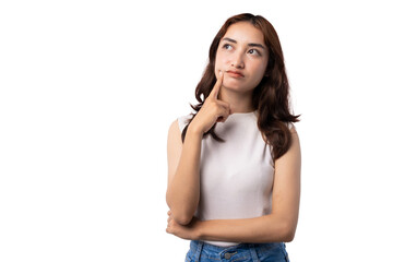 Naklejka premium Thoughtful young Asian woman pointing to cheek while looking up with copy space on transparent background