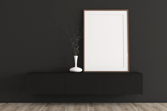Minimalist Living Room Interior Mockup with Floating Wooden Credenza and Blank Picture Frames. 43