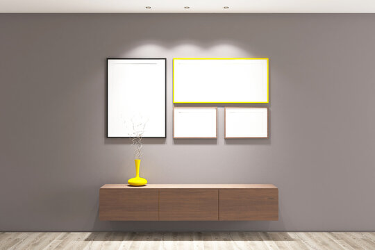 Minimalist Living Room Interior Mockup with Floating Wooden Credenza and Blank Picture Yellow Frames. 41