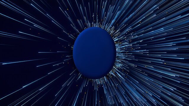 Blue sphere with radiating light streaks a digital illustration in dark tones