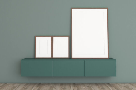 Minimalist Living Room Interior Mockup with Floating Wooden Credenza and Blank Picture Frames. 45