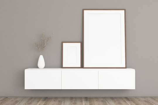 Minimalist Living Room Interior Mockup with Floating Wooden Credenza and Blank Picture Frames. 44