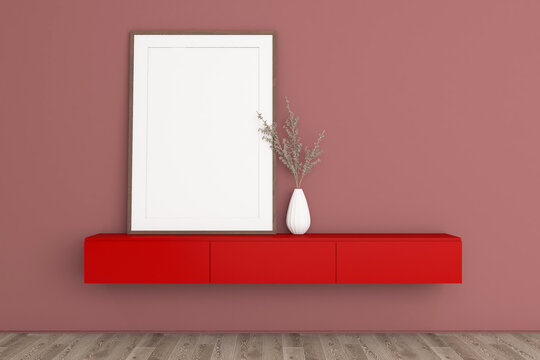 Minimalist Living Room Interior Mockup with Floating Wooden Credenza and Blank Picture Frames. 46