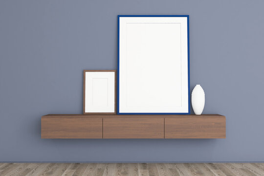 Minimalist Living Room Interior Mockup with Floating Wooden Credenza and Blank Picture Blue Frames. 48