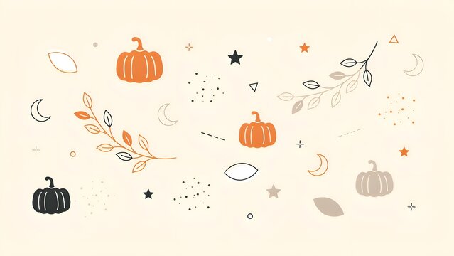 Autumn pumpkins crescent moons and leaves a flat vector pattern on a beige background