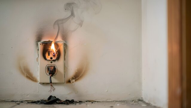 Burning electrical outlet with visible flames and smoke damage on a wall