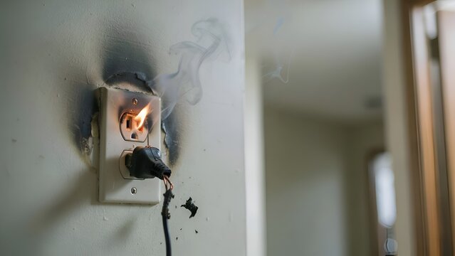 Burning electrical outlet with damaged power cord a dangerous home fire hazard