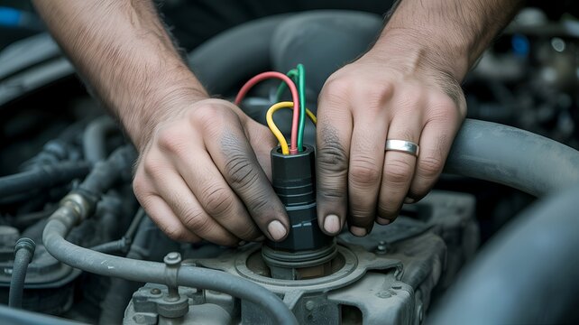 Hands connecting automotive electrical connector with multi colored wires close up photo