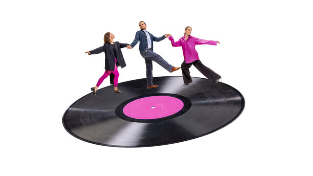 Three office workers dancing together on oversized vinyl record. Concept of corporate culture, team rhythm, creative collaboration, employee engagement, and workplace energy.