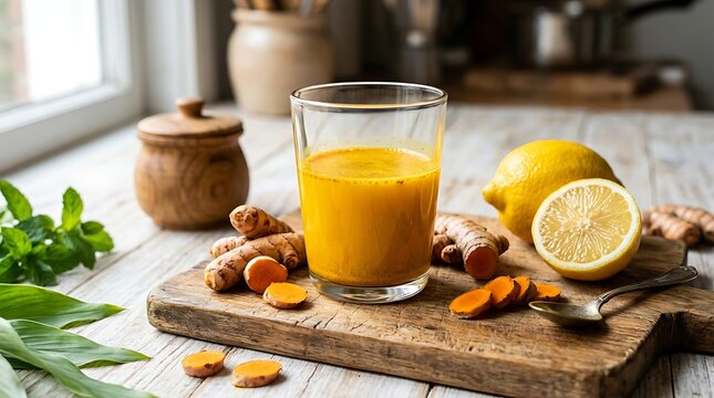 Healthy Turmeric Lemon Drink in a Glass on a Rustic Wooden Cutting Board in a Sunlit Kitchen