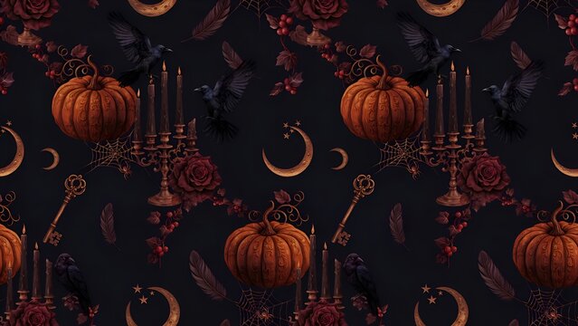 Halloween floral ornament with pumpkins crows and crescent moons on a dark background