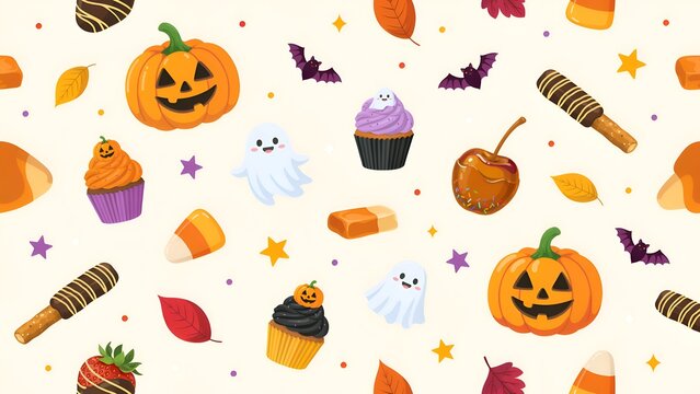 Halloween sweets and pumpkins vector illustration with autumnal leaves and spooky elements