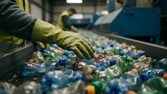 Plastic bottles being sorted by a worker wearing protective gloves at a recycling facility