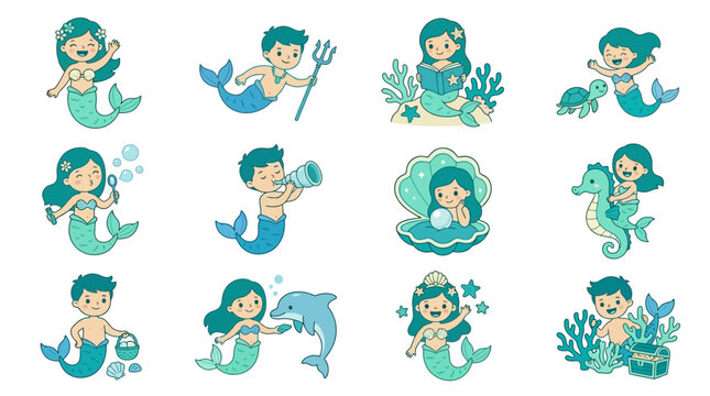 Cute Mermaid & Merman Kids Collection: Underwater Fantasy Vector Illustrations