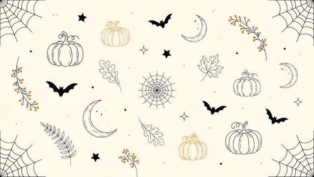 Halloween Floral Ornament With Pumpkins Bats And Crescent Moons In Line Art Style