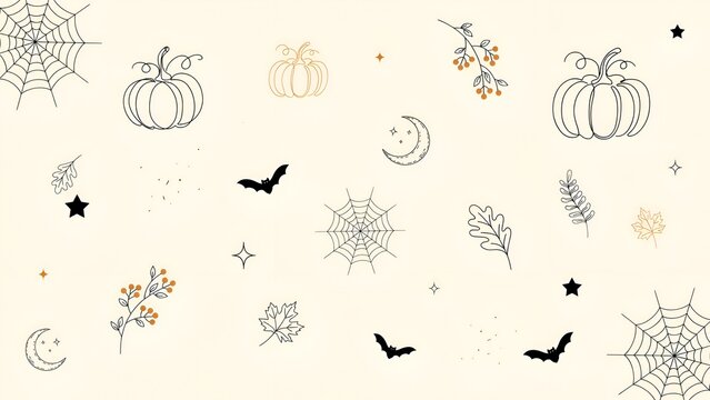 Halloween Line Art Pattern Featuring Pumpkins Spiders Bats And Autumn Foliage