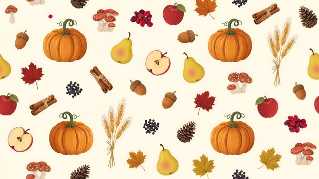 Autumn harvest pattern featuring pumpkins apples pears and various forest elements