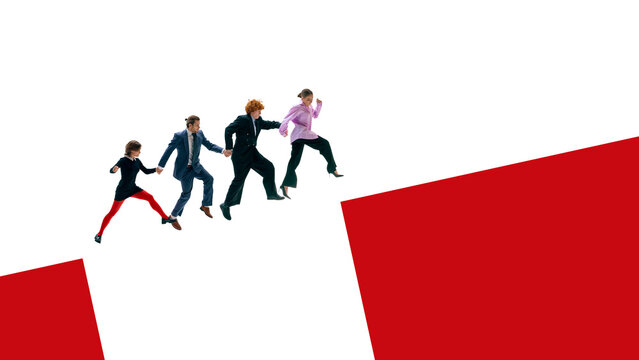 Business team jumping together across wide red gap. Concept of collective courage, change management, strategic transition, shared goals, and overcoming business obstacles.