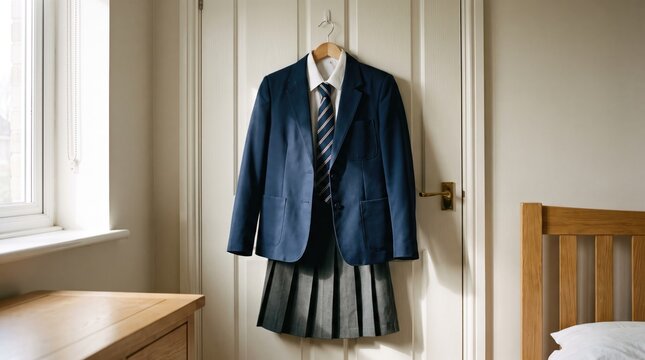 School uniform consisting of a navy blazer white shirt striped tie and pleated gray skirt hanging on a wooden hanger on a door inside a bedroom with a window with bedroom decor ideas, student outfit