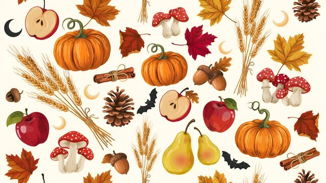 Autumn harvest pattern featuring pumpkins apples leaves and acorns on a light background