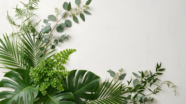 Elegant Tropical Green Leaves Border on White Background