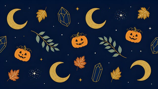 Autumnal Pattern Featuring Crescent Moons Pumpkins Crystals And Foliage In Dark Blue