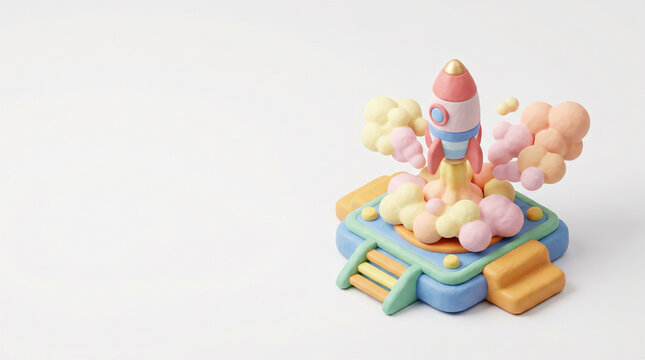 クレイ風の可愛いロケット発射の3Dイラスト
