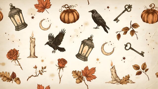 Autumnal Arrangement Of Pumpkins Ravens Lanterns And Floral Elements In Vintage Style