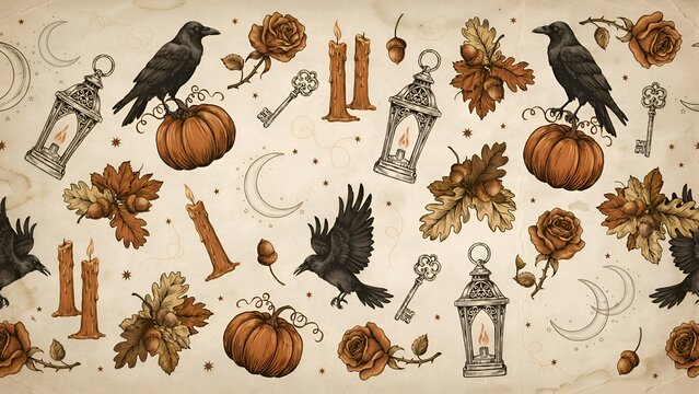 Autumnal floral ornament featuring ravens pumpkins and vintage keys on aged paper