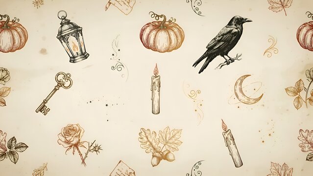 Autumnal floral ornament with pumpkins raven and candles in a vintage style