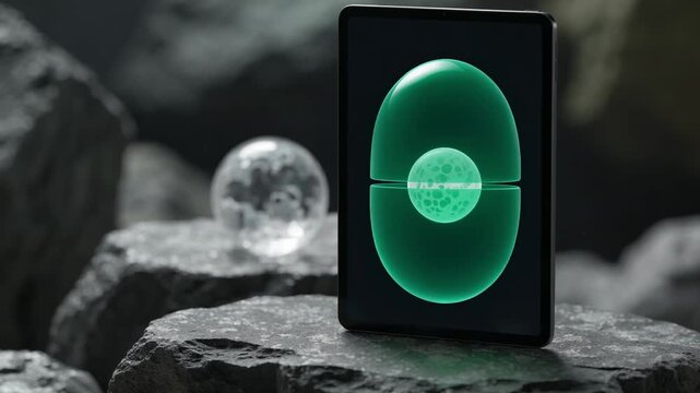 Medium shot of a tablet presenting a hash ID confirmation on a blockchain loan contract the background softly blurred to emphasize data integrity.