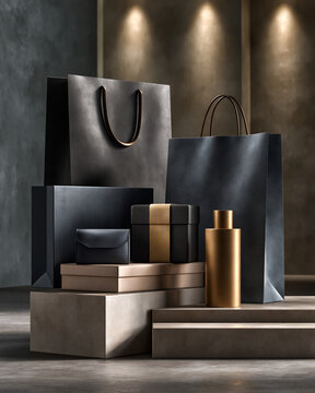 Sophisticated Black Friday campaign still life with luxury shopping bags premium accessories and sleek packaging for modern retail advertising